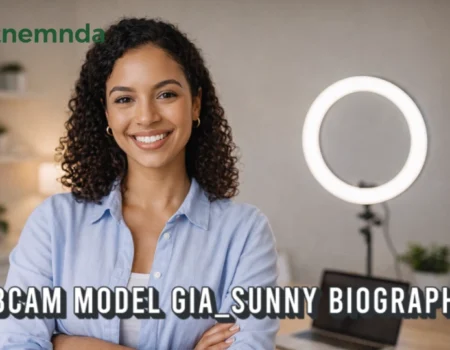 Professional webcam model Gia Sunny smiling in her modern content creator workspace.