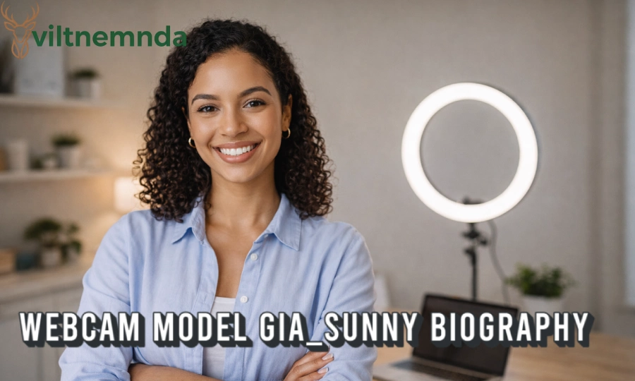 Professional webcam model Gia Sunny smiling in her modern content creator workspace.