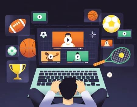 Person streaming live sports online on a laptop while browsing Buffstream on a dark-themed website interface