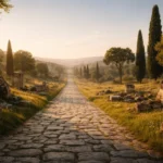 Ancient stone Cesta Roman road running through green countryside under soft evening light.