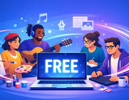 Freeoners platform concept showing creators collaborating through free digital tools