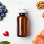 Provascin heart health supplement bottle with natural cardiovascular ingredients including blueberries, walnuts, and salmon on white marble surface