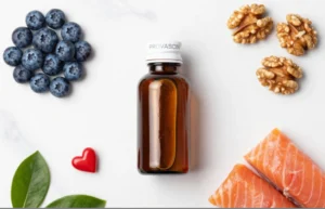 Provascin heart health supplement bottle with natural cardiovascular ingredients including blueberries, walnuts, and salmon on white marble surface