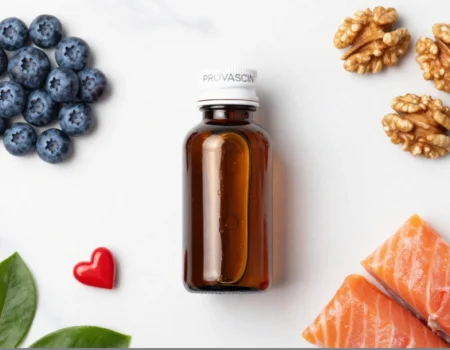 Provascin heart health supplement bottle with natural cardiovascular ingredients including blueberries, walnuts, and salmon on white marble surface