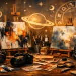 Shani Levni contemporary art and photography workspace with mixed media and astrological symbols