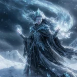 Vaelianne Frostmere ice sorceress standing on Frostlands mountain summoning blizzard