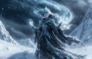 Vaelianne Frostmere ice sorceress standing on Frostlands mountain summoning blizzard