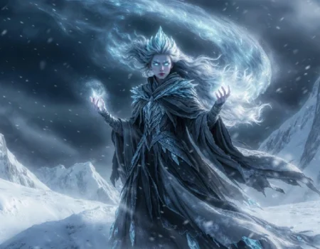 Vaelianne Frostmere ice sorceress standing on Frostlands mountain summoning blizzard