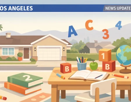 Illustration of the Elizabeth Fraley Kinder Ready Fox 11 story with a Los Angeles house and tutoring theme