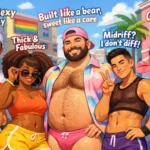 Diverse LGBTQ friends posing confidently in a colorful city scene, showing the bold, body‑positive style associated with gayfortans.