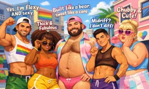 Diverse LGBTQ friends posing confidently in a colorful city scene, showing the bold, body‑positive style associated with gayfortans.