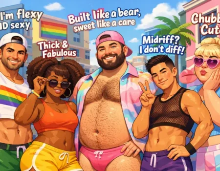 Diverse LGBTQ friends posing confidently in a colorful city scene, showing the bold, body‑positive style associated with gayfortans.