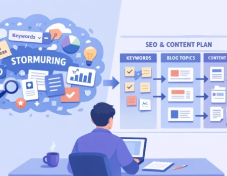 Person organizing chaotic ideas into a clear stormuring SEO plan on a digital board