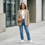 Person wearing a neutral blazertje over a T‑shirt and jeans, showing a simple smart-casual outfit idea.
