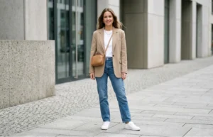 Person wearing a neutral blazertje over a T‑shirt and jeans, showing a simple smart-casual outfit idea.