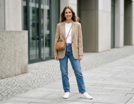 Person wearing a neutral blazertje over a T‑shirt and jeans, showing a simple smart-casual outfit idea.