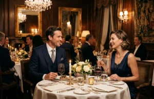 Escort service - a man and woman at a formal dinner representing paid companionship