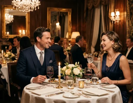 Escort service - a man and woman at a formal dinner representing paid companionship