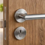 Close-up of a modern stainless steel türosette installed on a wooden door.