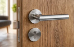 Close-up of a modern stainless steel türosette installed on a wooden door.