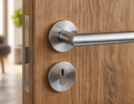 Close-up of a modern stainless steel türosette installed on a wooden door.