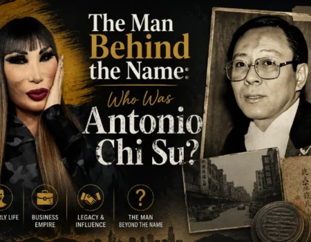 Antonio Chi Su and Lyn May biographical banner featuring his life story and business empire.