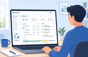 Dashboard view of puzutask com showing online tasks and progress on a laptop screen.